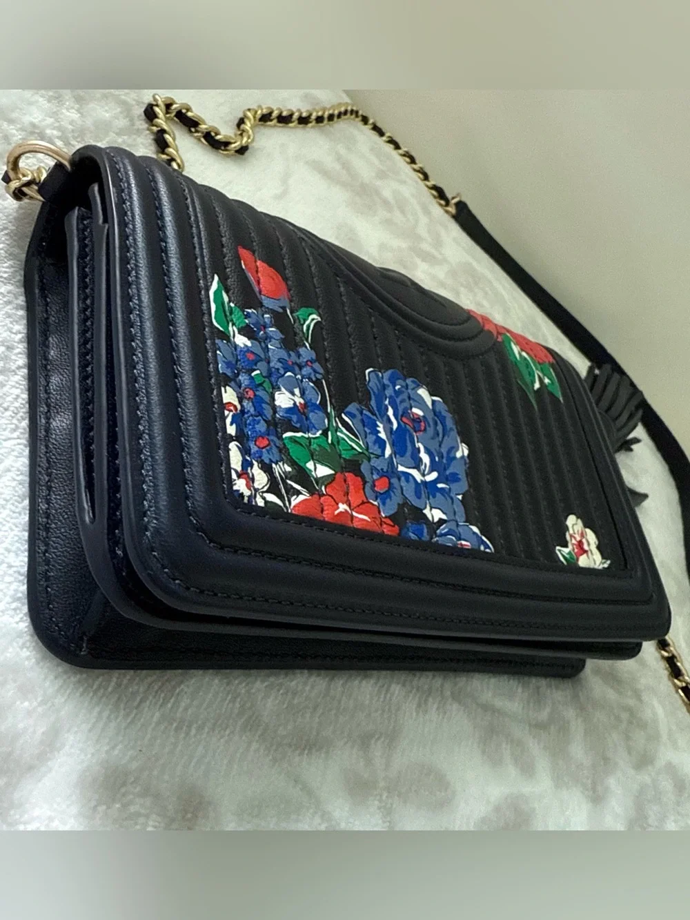 Tory Burch Fleming Soft Printed Floral Navy Leather Wallet Chain Crossbody Bag